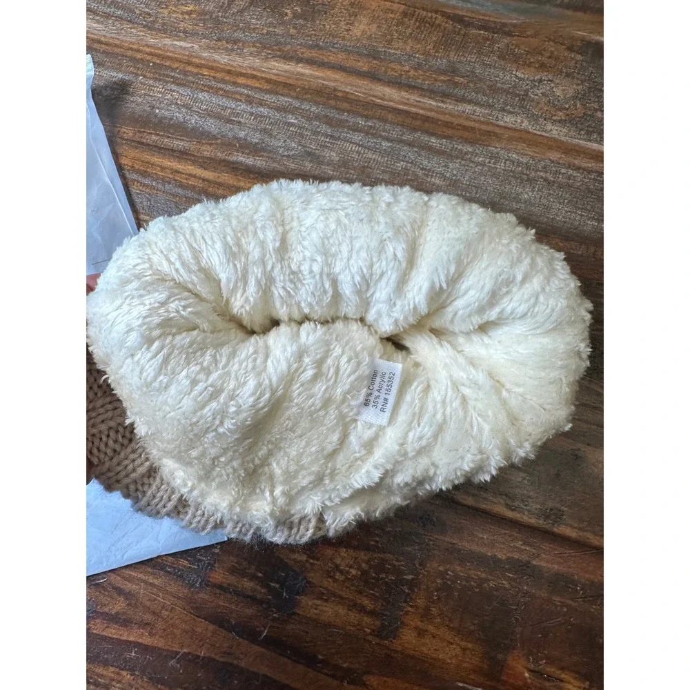 Arctic Paw Women Beige Double Pom Pom Beanie Fleece Lined Ribbed Knit Winter Hat